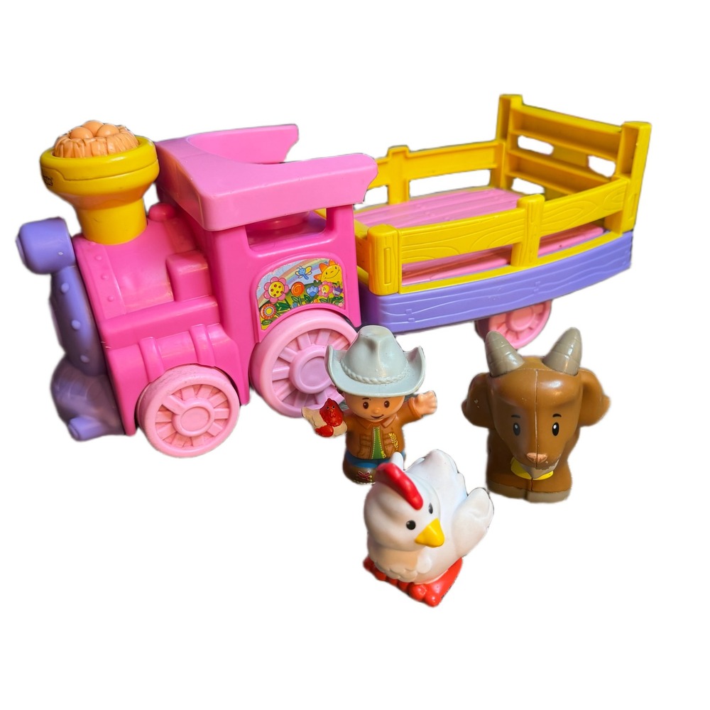 Fisher-Price Little People Pink Farm Train Engine Trailer Farmer Goat Chicken